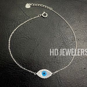 Solid 14K White Gold Evil Eye Lab-Diamond Bracelet